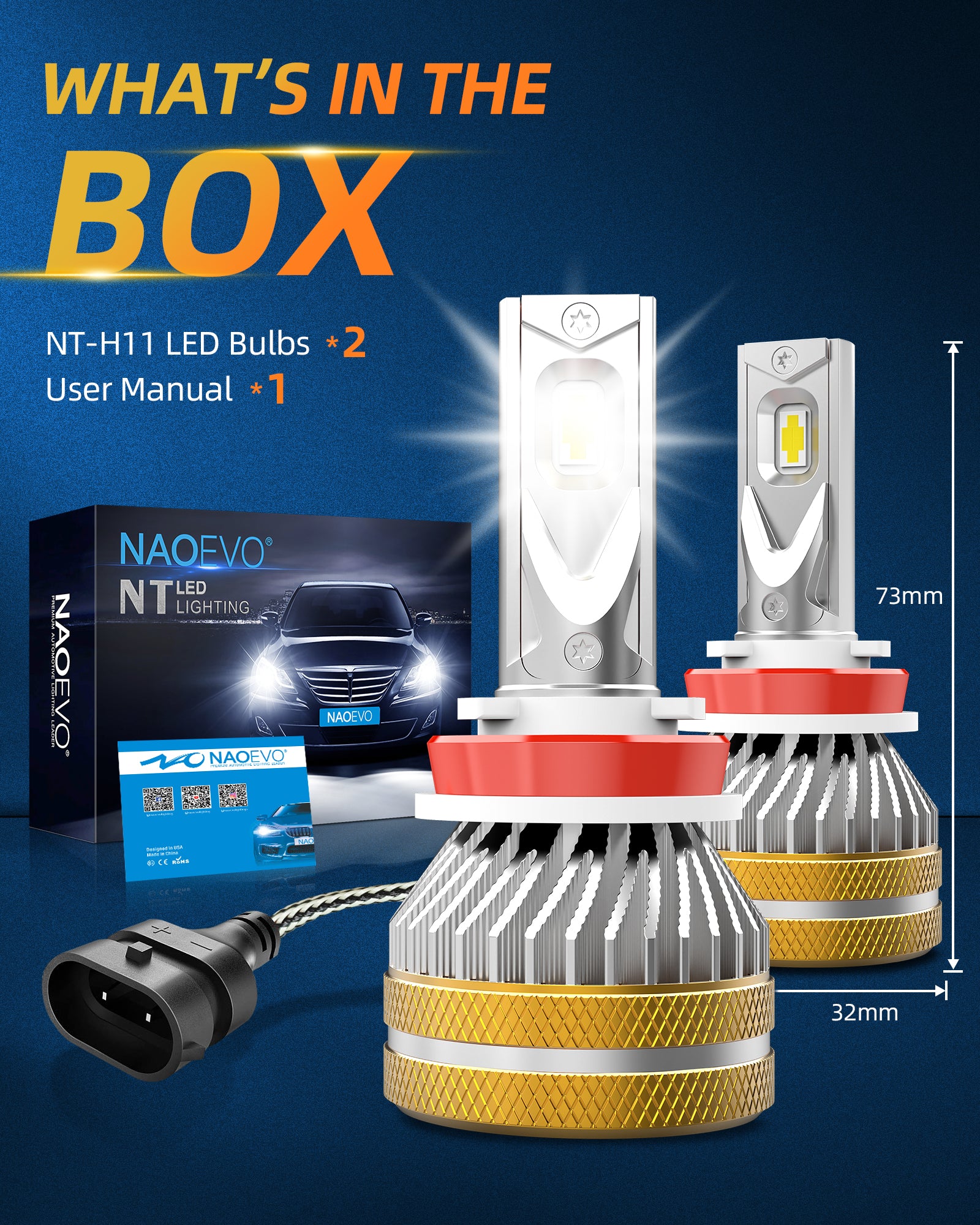 H11 LED Headlight Light Bulb 40W 4800LM 6500K White | NAOEVO NT Series, 2 Bulbs